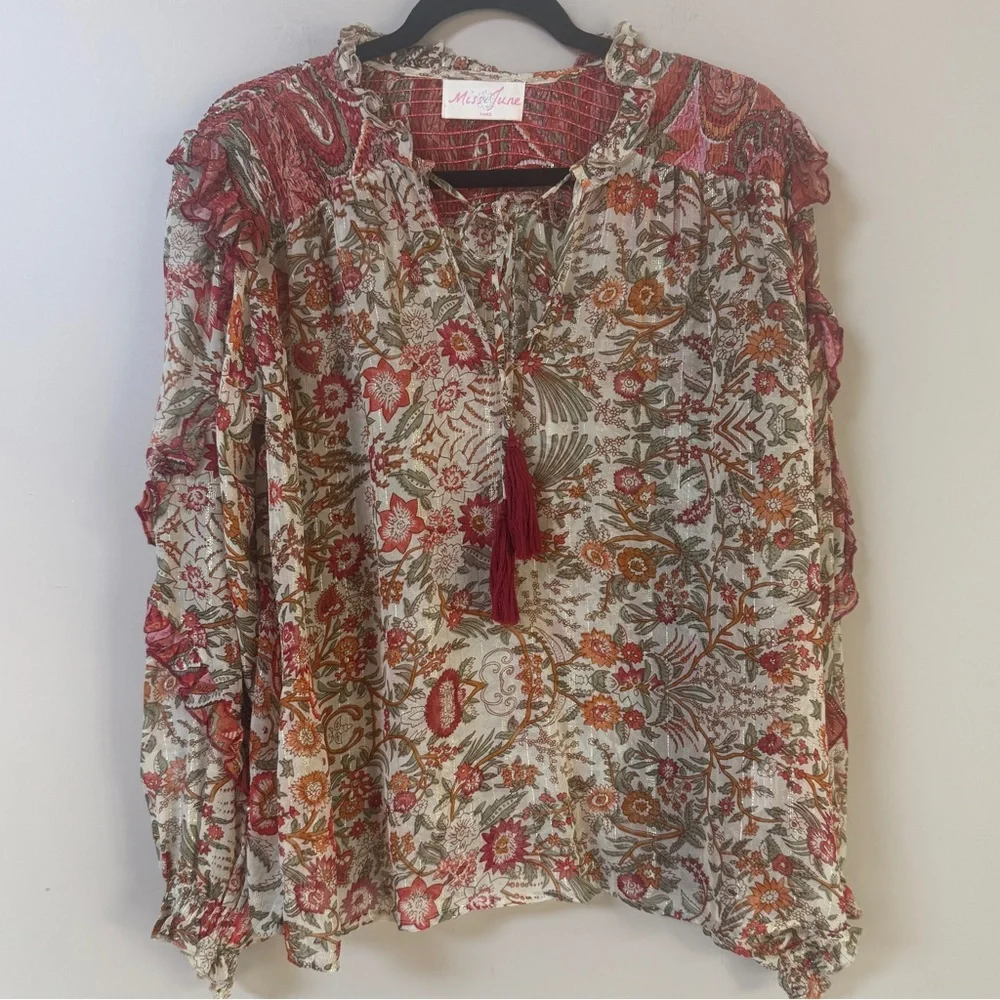 Miss June PARIS Helena boho peasant sheer floral tassel tie blouse OSFM - Picture 9 of 15